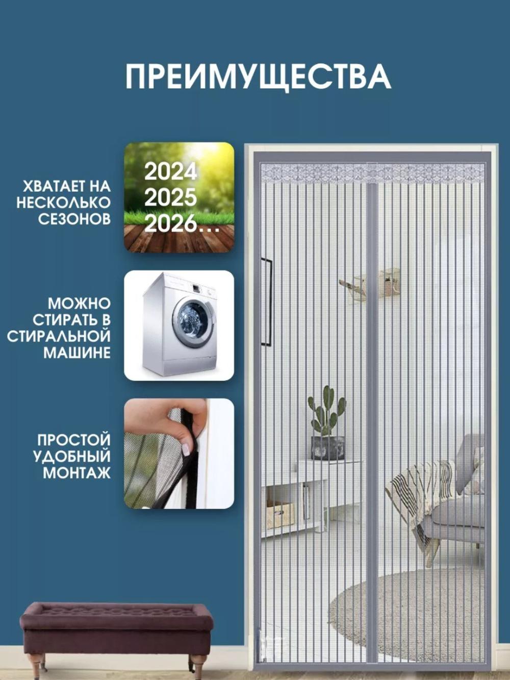 Москитная сетка на дверь, штора на магнитах от комаров, мух и насекомых, 120 * 210 см 1