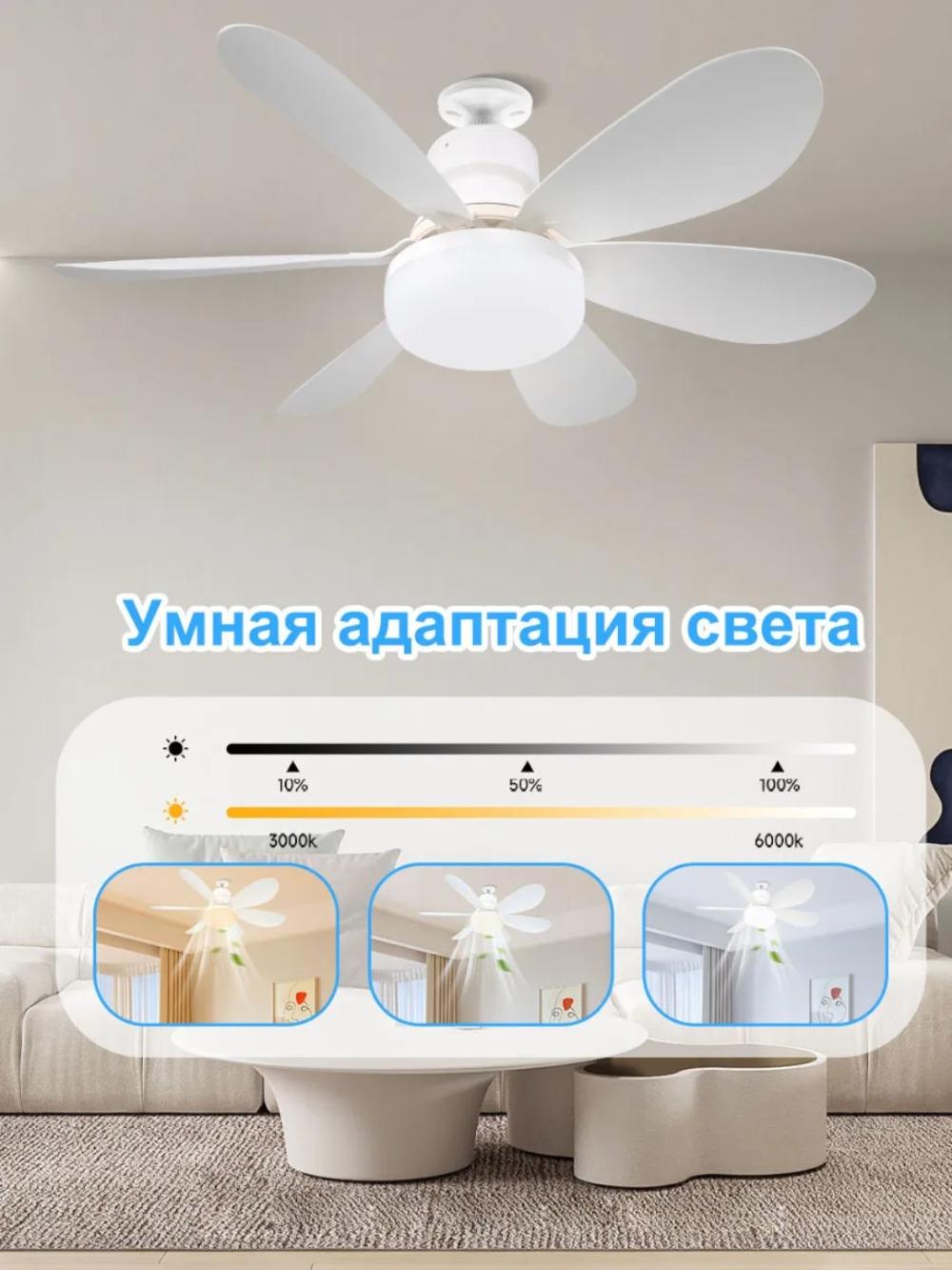 Люстра с вентилятором LED, с пультом, 3 режима освещения, 4 режима вращения, для всех комнат 6