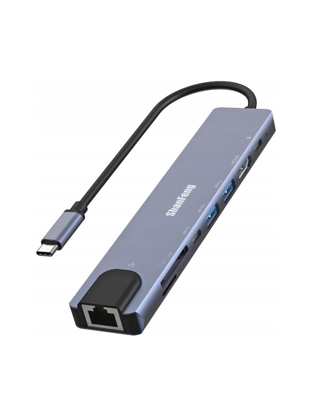 **USB (USB-C) taqsimlagich 8-portli** (1 × HDMI, 2 × USB, 2 × USB-C, RJ-45, CR) 1