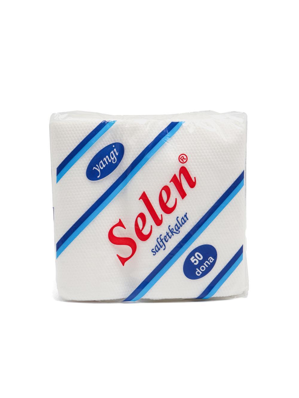 SELEN salfetkalari 27×29 sm 50 donali salfetka. Minimal buyurtma 14 ta qadoq, Narx 1 qadoq uchun ko‘rsatilgan. 1