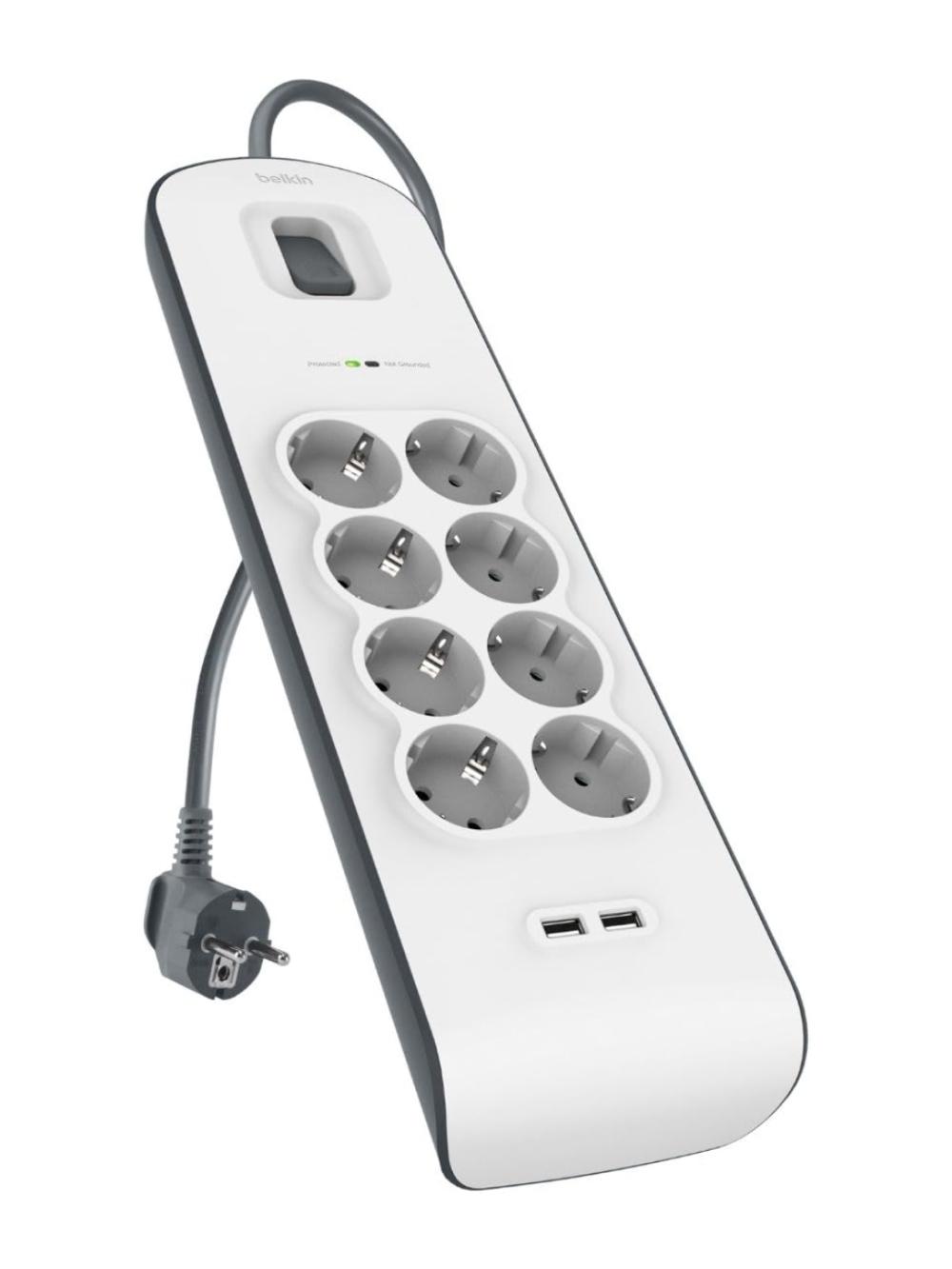 Сетевой фильтр-удлинитель Belkin 8хSchuko, 2xUSB 2.4A, 16А c защитой от перенапряжения, 2м (BSV804vf2M) 1