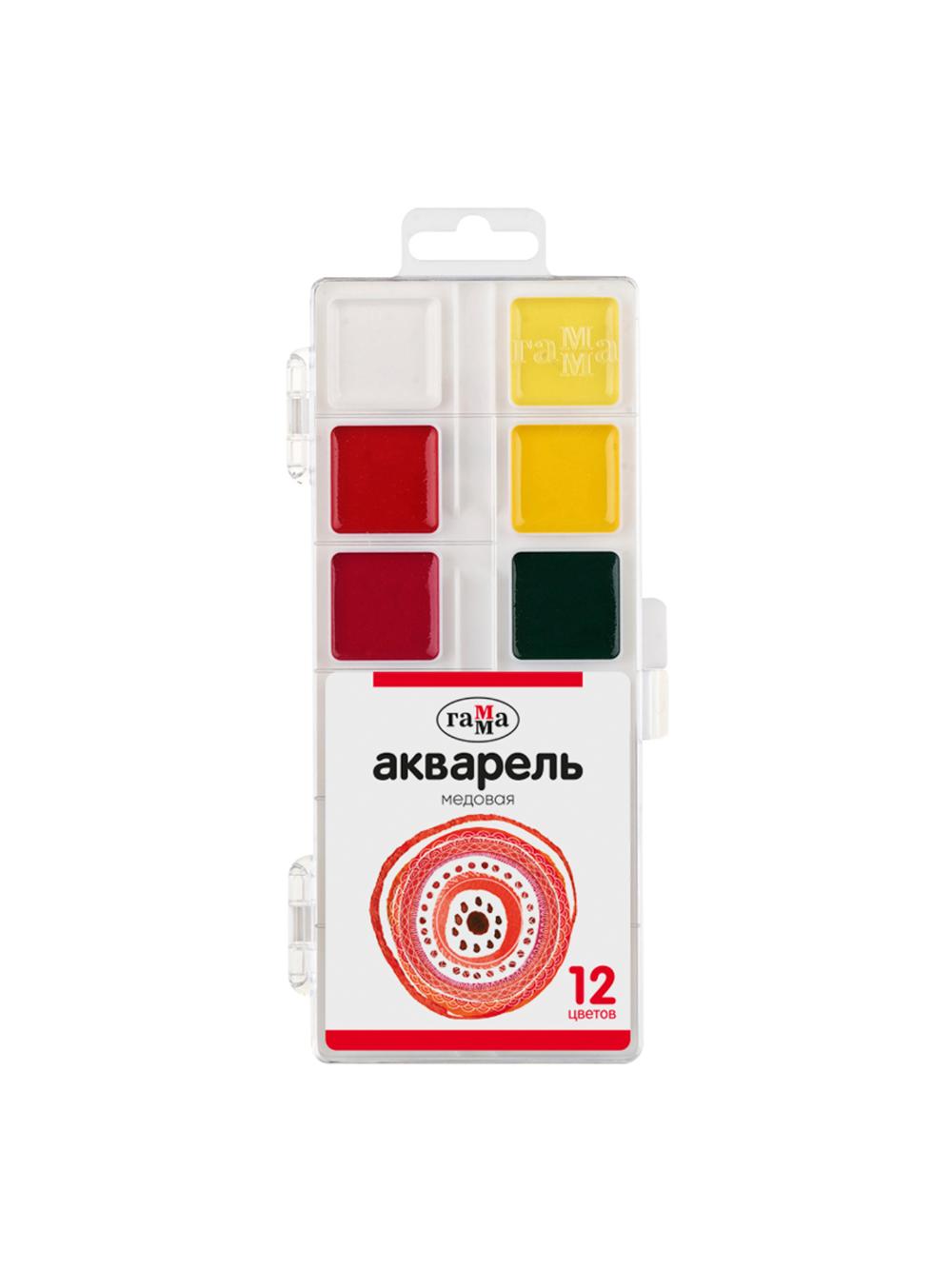 Акварель, медовая, 12 цветов, без кисти, пластик. упак., европодвес Гамма 2001243_12 1