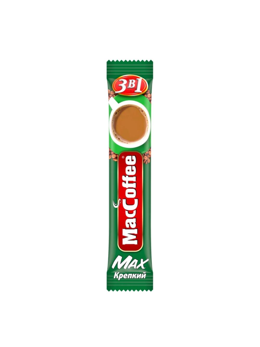 Qahva MacCoffee 3 tasi 1 da MaxStrong (16 g × 50 dona). Minimal buyurtma — 1 qadoq (qadoqda 50 ta stik). Narx 1 dona stik uchun ko‘rsatilgan. 1