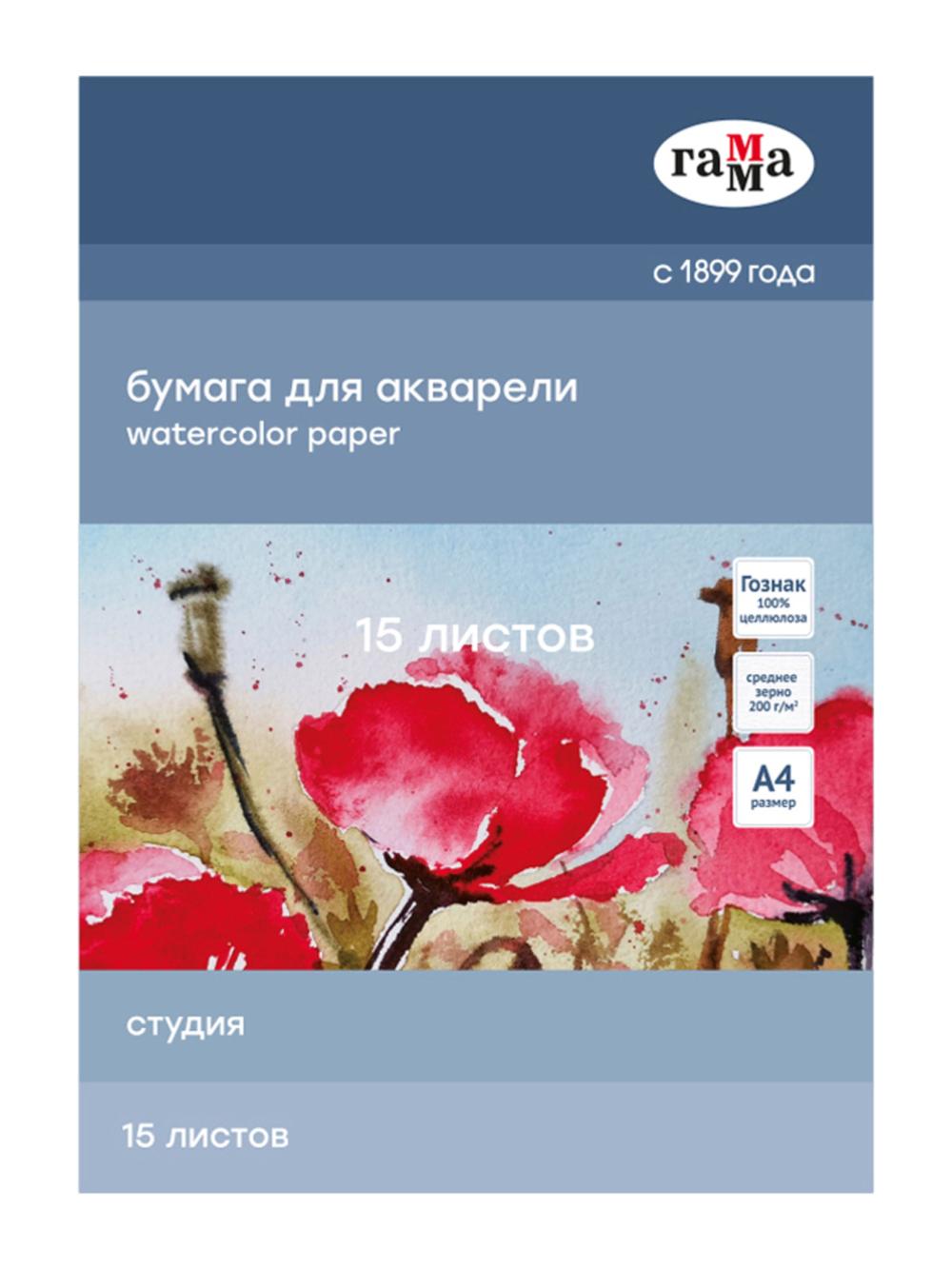 Папка для акварели, 15л., А4, "Студия", 200г/м2, среднее зерно, Гамма 40C03F715W 1