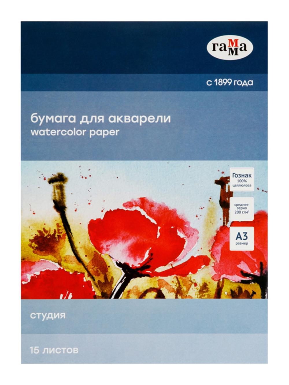 Akvarel papkasi, 15 varaq, A3 "Studio", 200g/m2, o'rtacha don Гамма 30C03F715W 1