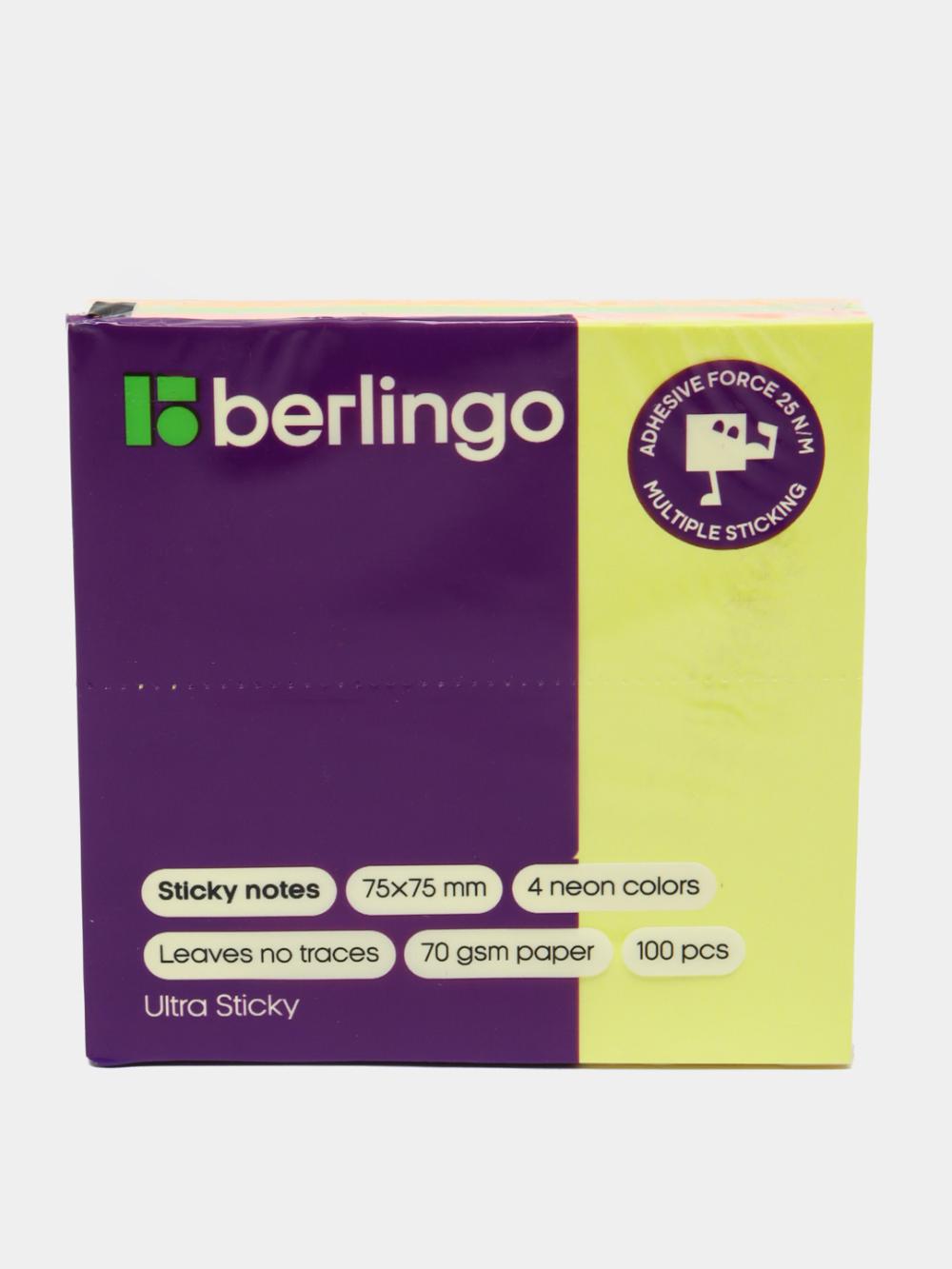 Самоклеящийся блок "Ultra Sticky", 75*75мм, 100л., 4 неоновых цвета Berlingo LSn_39602 1