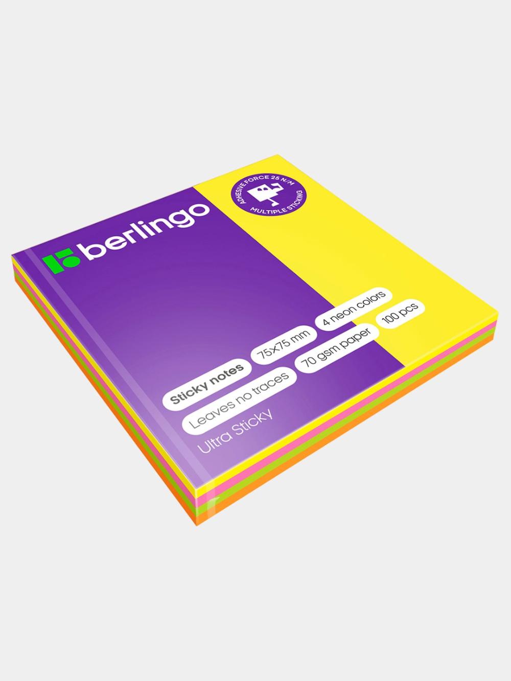 Oʻzi yopishadigan bloknot Berlingo "Ultra Sticky", 75x75 mm, 100 varaq, 4 ta neon rangli, LSn_39602 1