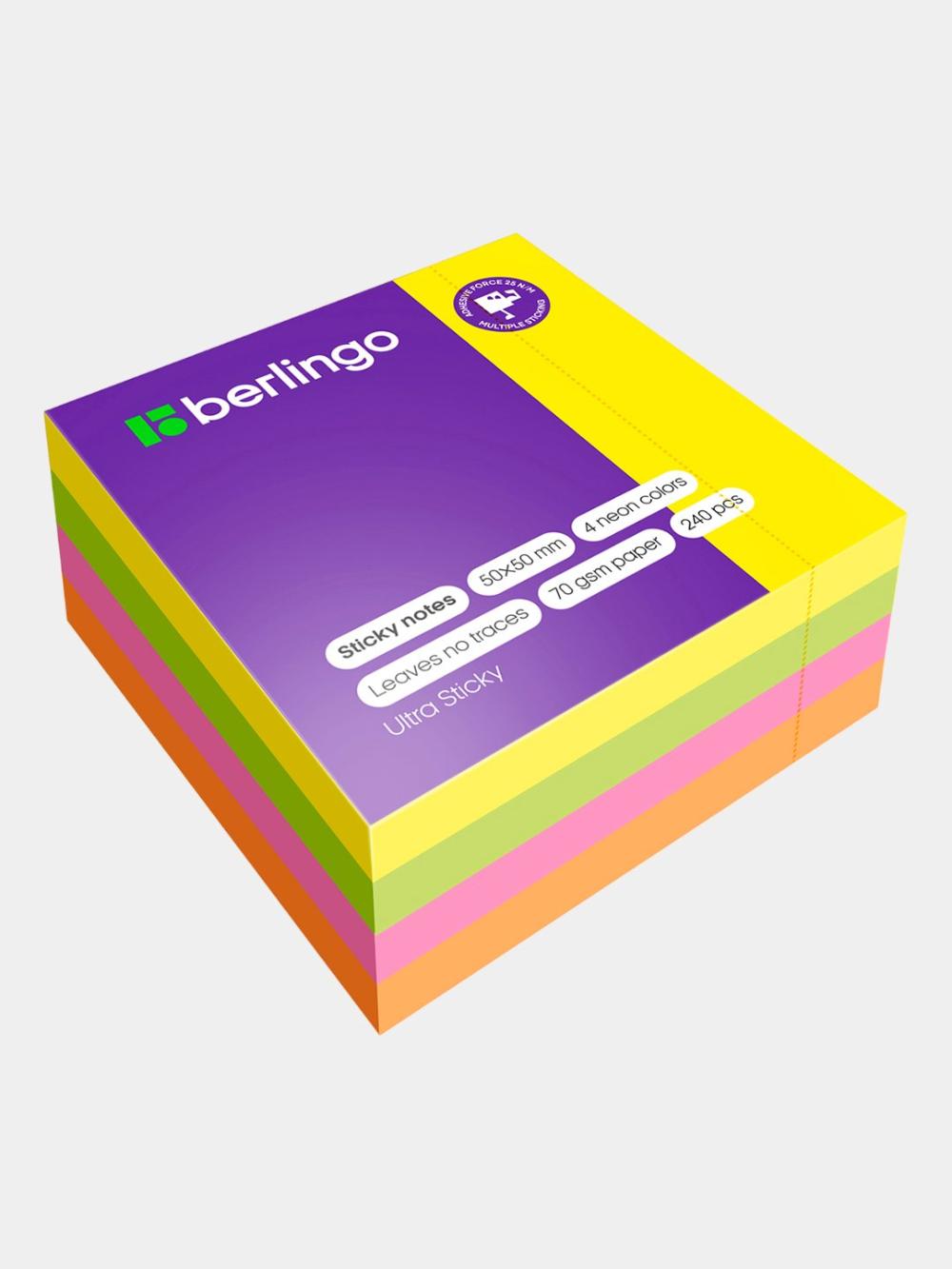 Oʻzi yopishadigan bloknot Berlingo "Ultra Sticky", 50x50 mm, 240 varaq, 4 ta neon rangli, LSn_40102 1