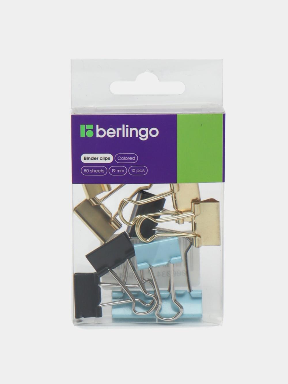 Зажимы для бумаг 19мм, Berlingo, 10шт., цветные, ПВХ упак., европодвес, голубой+золотой BC1019g 1