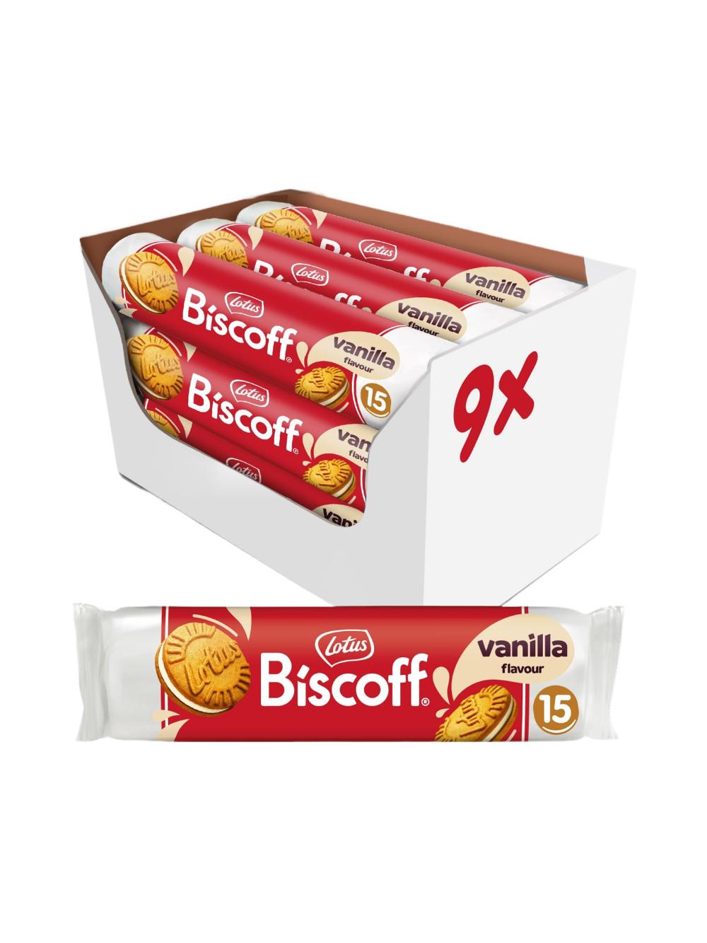 Lotus Biscoff vanilli sendvich-pechenyelari, 150 g, qutidagi 9 ta paket. Narxi 9 paket uchun 1