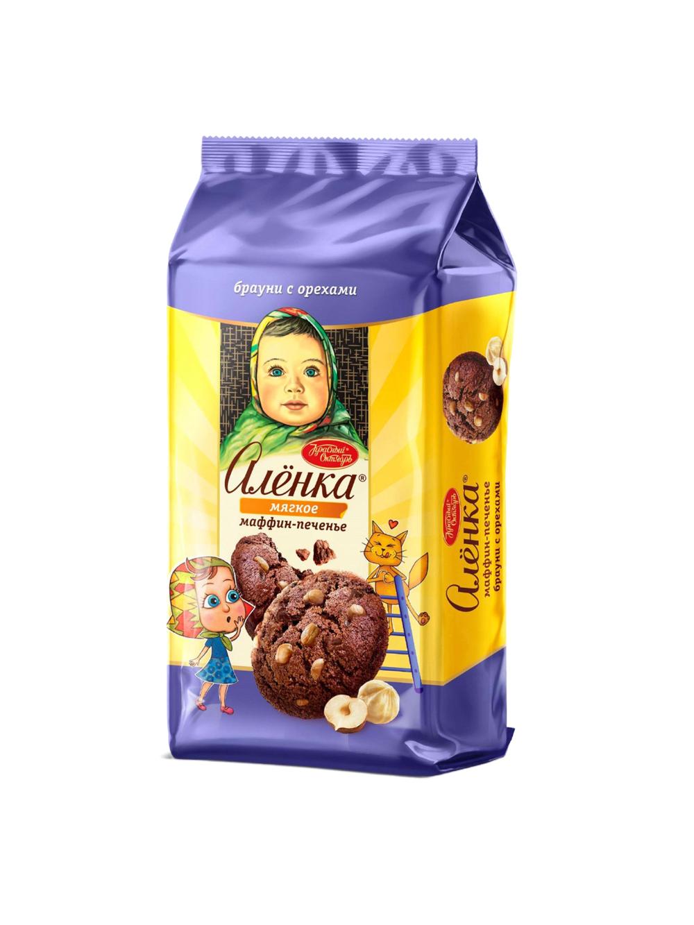 "Alenka" yog‘li pechenyesi, yumshoq, yong‘oqli brauni va shokoladi, 138 gr, bir qadoqda 12 dona, narx bir qadoq uchun ko‘rsatilgan 2
