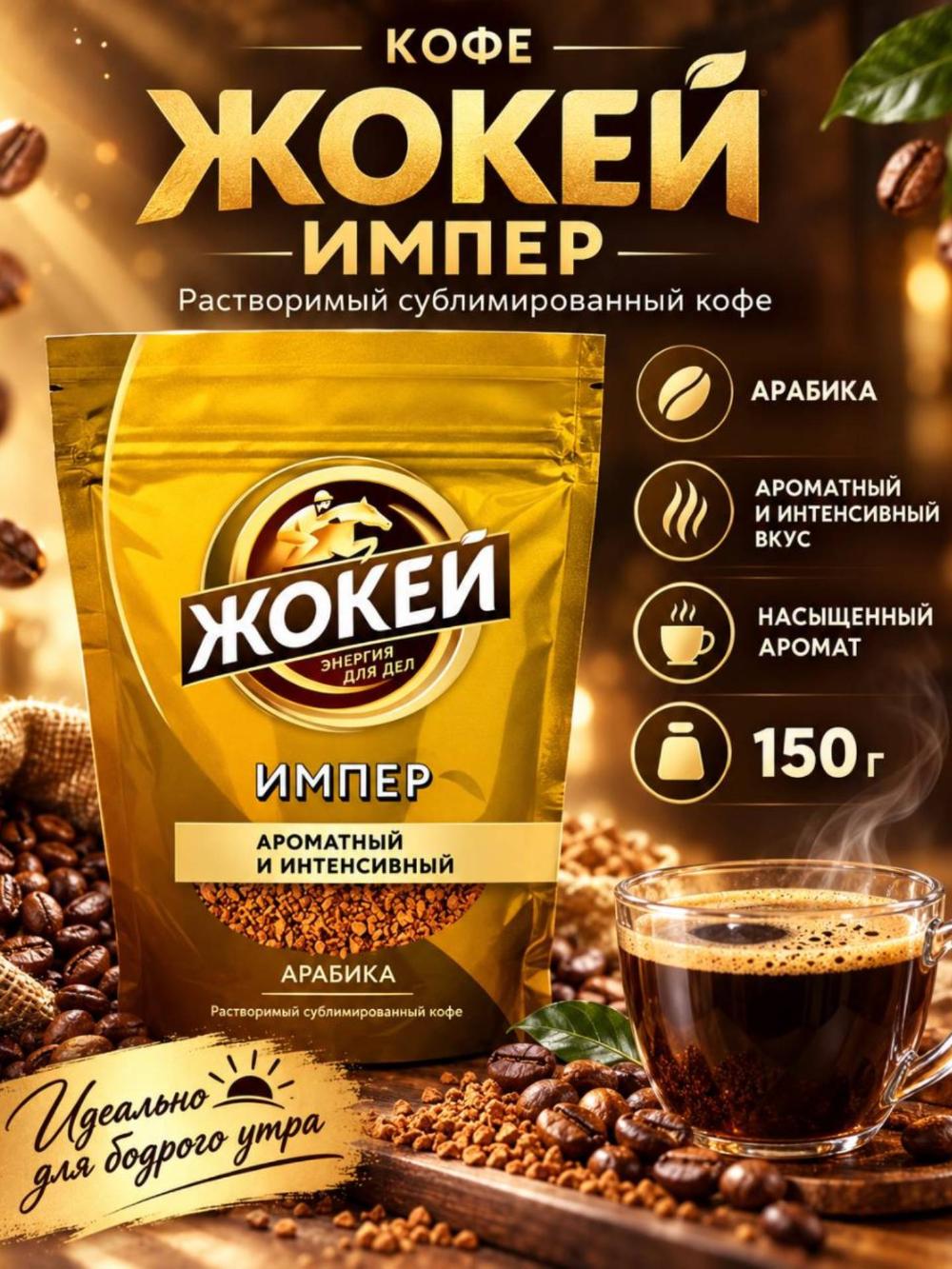 Растворимый кофе Жокей Импер, 100% арабика, насыщенный и ароматный, 150 г 1