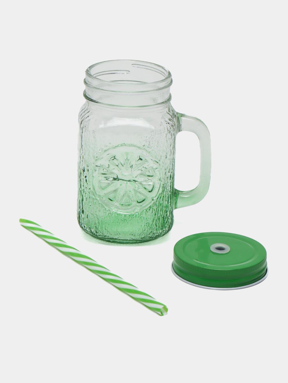 Dastakli shisha krujka, buraluvchi qopqoqli va naychali banka-stakan, 300 ml 1