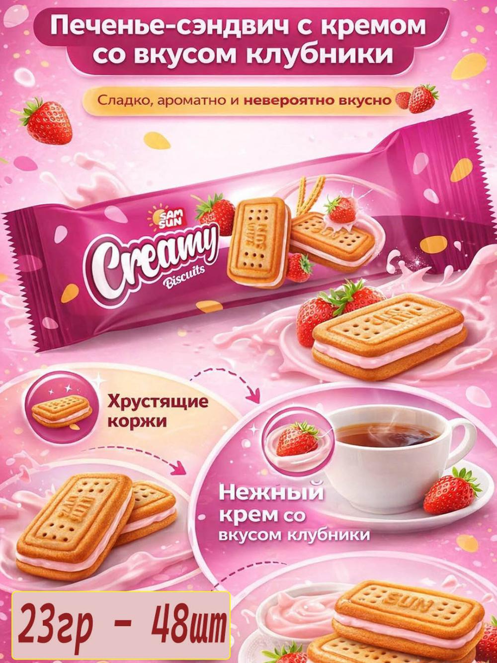 "Creamy Biscuit" печенье сэндвич с кремом со вкусом клубники 1