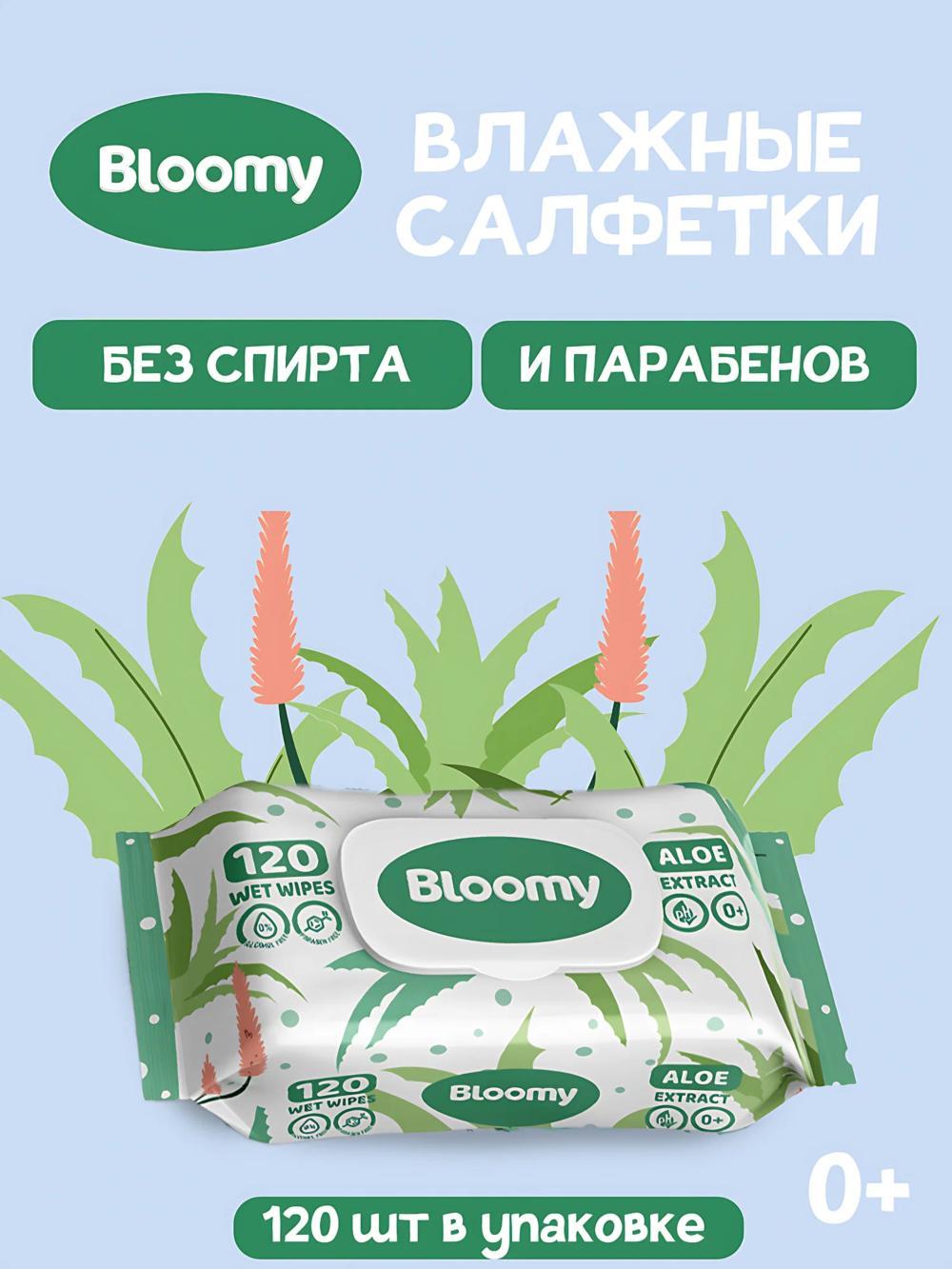Влажные салфетки Bloomy, 120 шт., антибактериальные. Аромат: Aloe. (Цена указана за 5 упаковок) 1