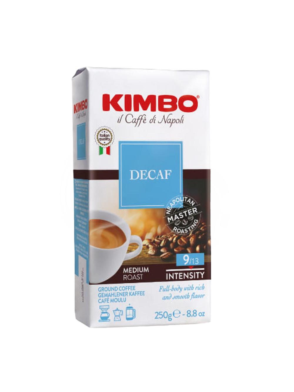 KIMBO DECAF 250 g GRND Kimbo Decaf vakuum qadoqdagi kofeinsiz qahva, maydalangan, o‘rtacha darajada qovurilgan, 9/13, 250 g, 010024 1