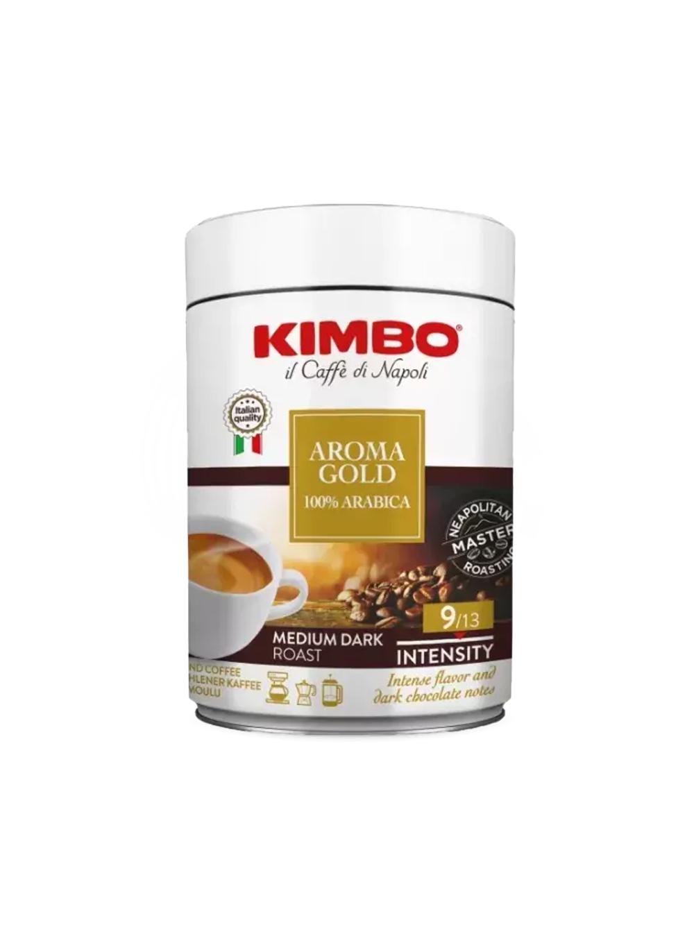 KIMBO AROMA Gold 100% Ar 250 g GRND TIN Kimbo Aroma Gold maydalangan qahva, 100% arabika, temir idishda, o‘rtacha darajada qovurilgan, 9/13, 250 g, 010046 1