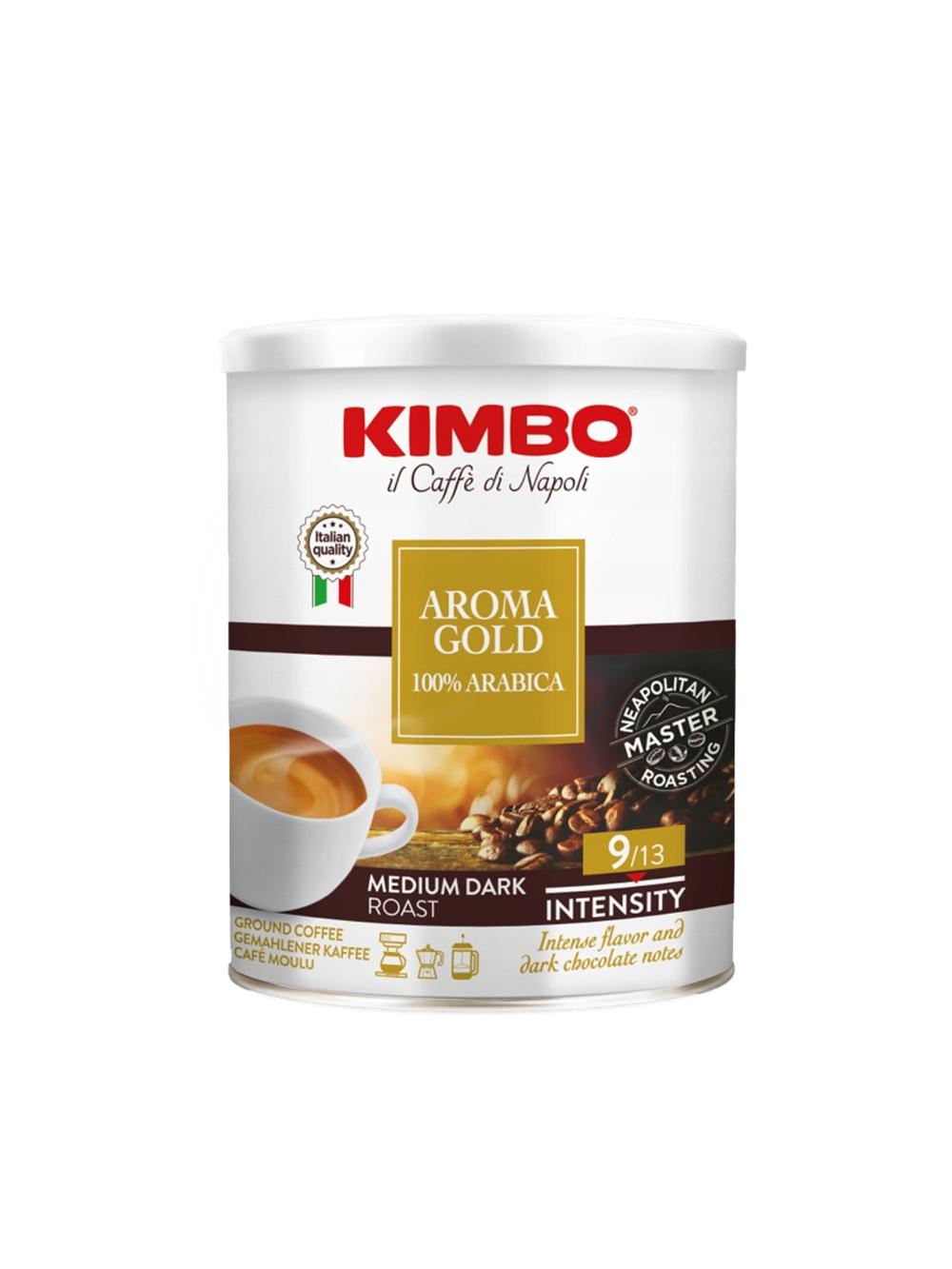 TIN AROMA GOLD 100% ARAB 250 g Kimbo Aroma Gold maydalangan qahva, 100% arabika, temir idishda, o‘rtacha darajada qovurilgan, 9/13, 250 g, 010054 1