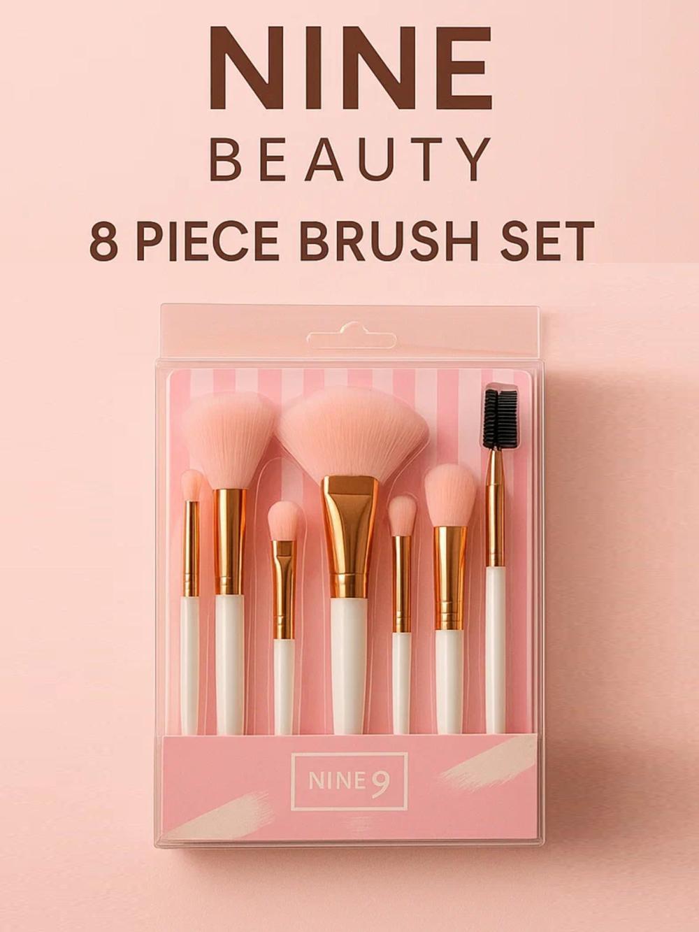 Makiyaj uchun cho'tkalar to'plami, NINE 9 BEAUTY, to'plamda 8 ta cho'tka. Pink 1