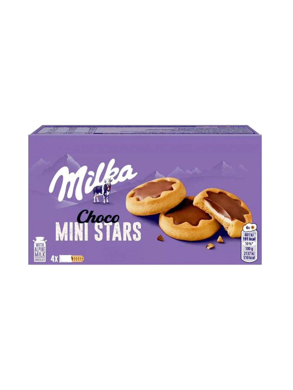 Milka Choco Mini Stars pechenye. Qadoqda 12 dona. Narx 1 qadoq uchun ko‘rsatilgan, 150 g 1
