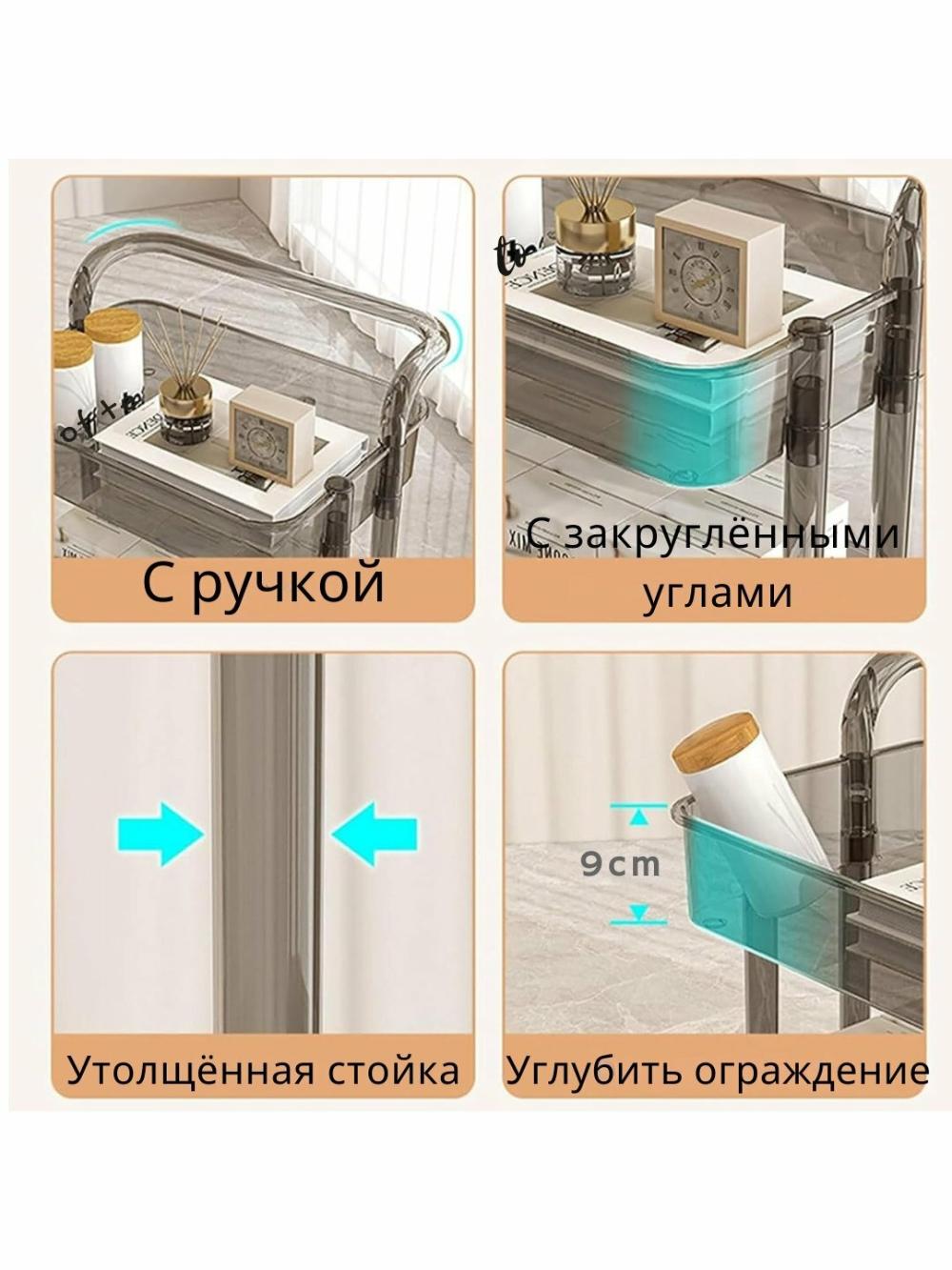 Прозрачная 3-уровневая этажерка на колёсах – прочная пластиковая тележка-органайзер, прозрачный 4