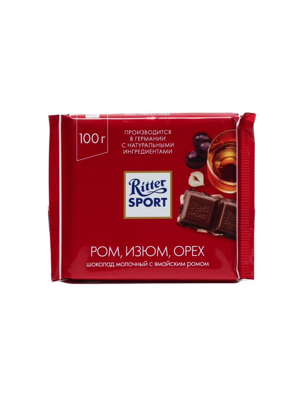 Шоколад молочный Ritter Sport, с ямайским ромом, изюмом и орехом, 100 г, Минимальный заказ 1 упаковка, в упаковке 12 шт, Цена указана за единицу 1