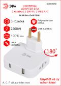 Elektr taqsimlagich ERA (povorotli, 2 rozetka + 2USB-A+C | 2200W | 10A | yerga ulashsiz | oq) 3