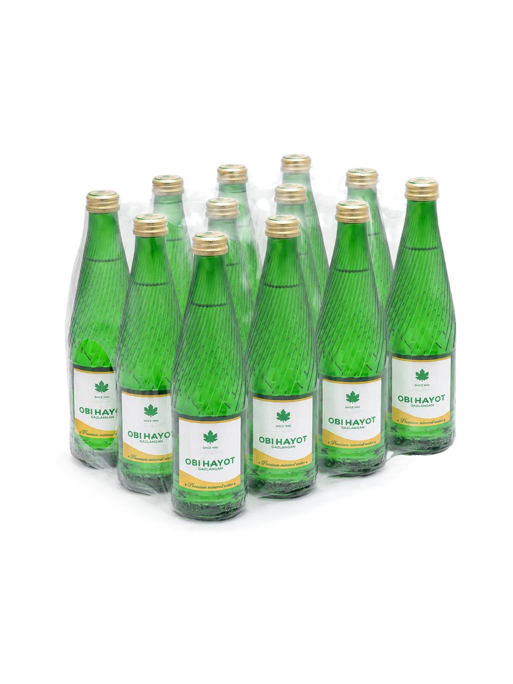 «Obi Hayot» gazlangan mineral suvi 0.33L (Narxi blok uchun ko‘rsatilgan. 1 blokda 12 dona 1