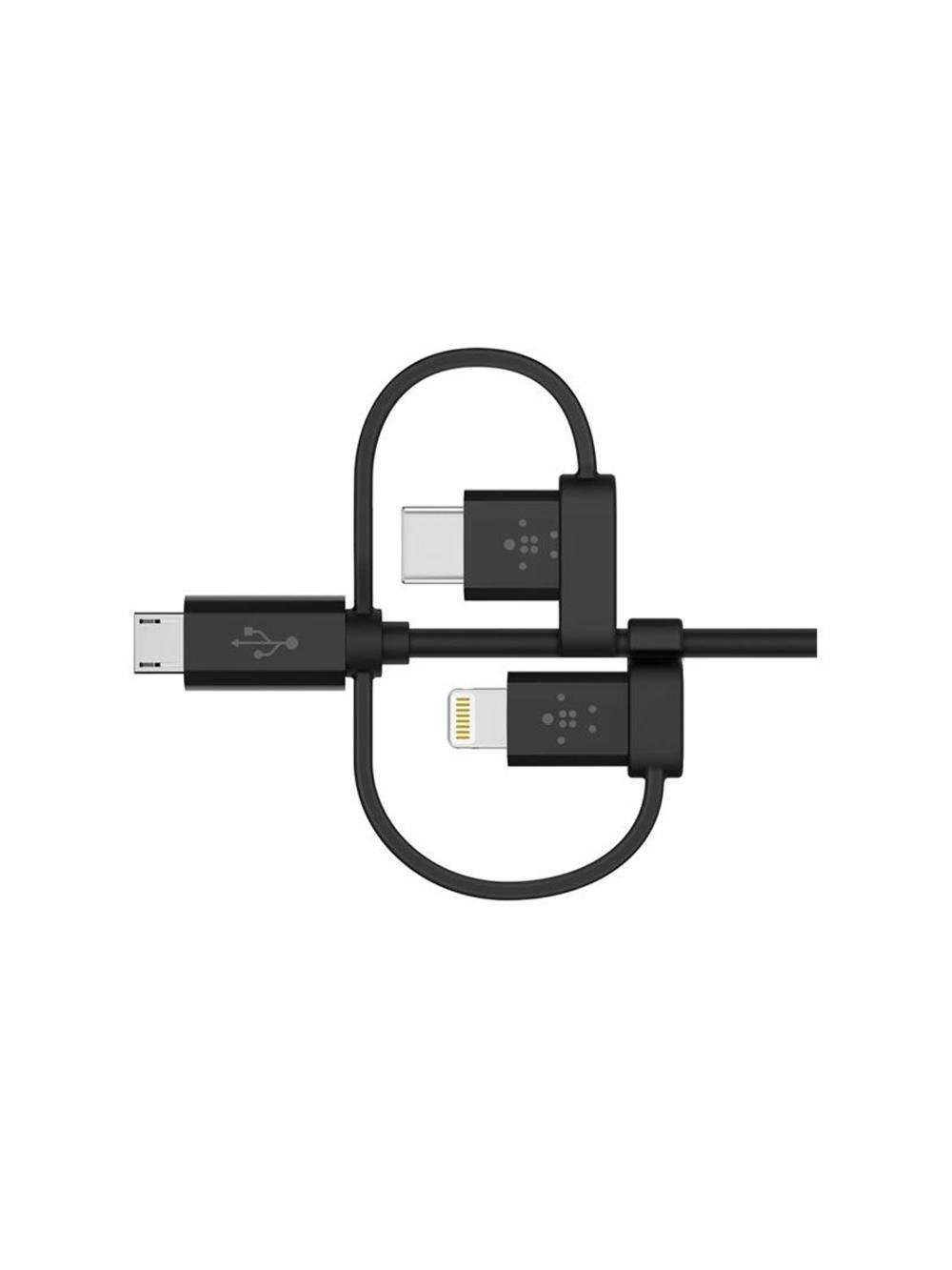 Adapter Belkin USB-A dan Micro USB/Lightning/USB-C ga, 4 tarmoqli, zaryadlash/sinxronlashtirish kabeli 1