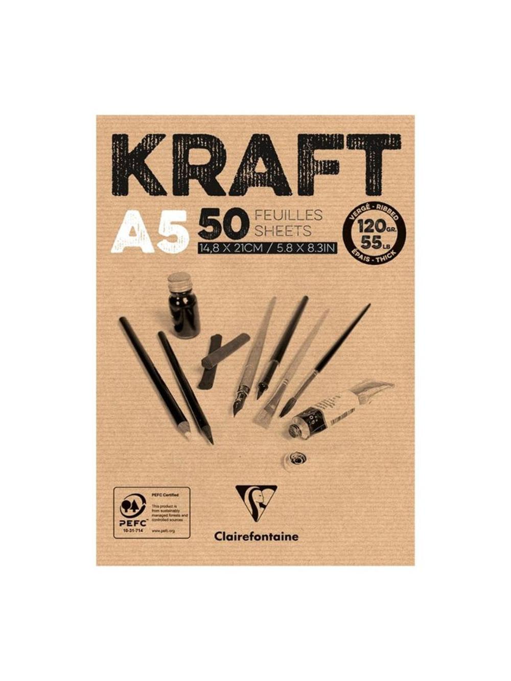 Skretchbuk-bloknot, 50 varaq, A5, yopishtirilgan, Clairefontaine "Kraft", 120 g/m², verje qog‘ozi, kraft, 975814C 1