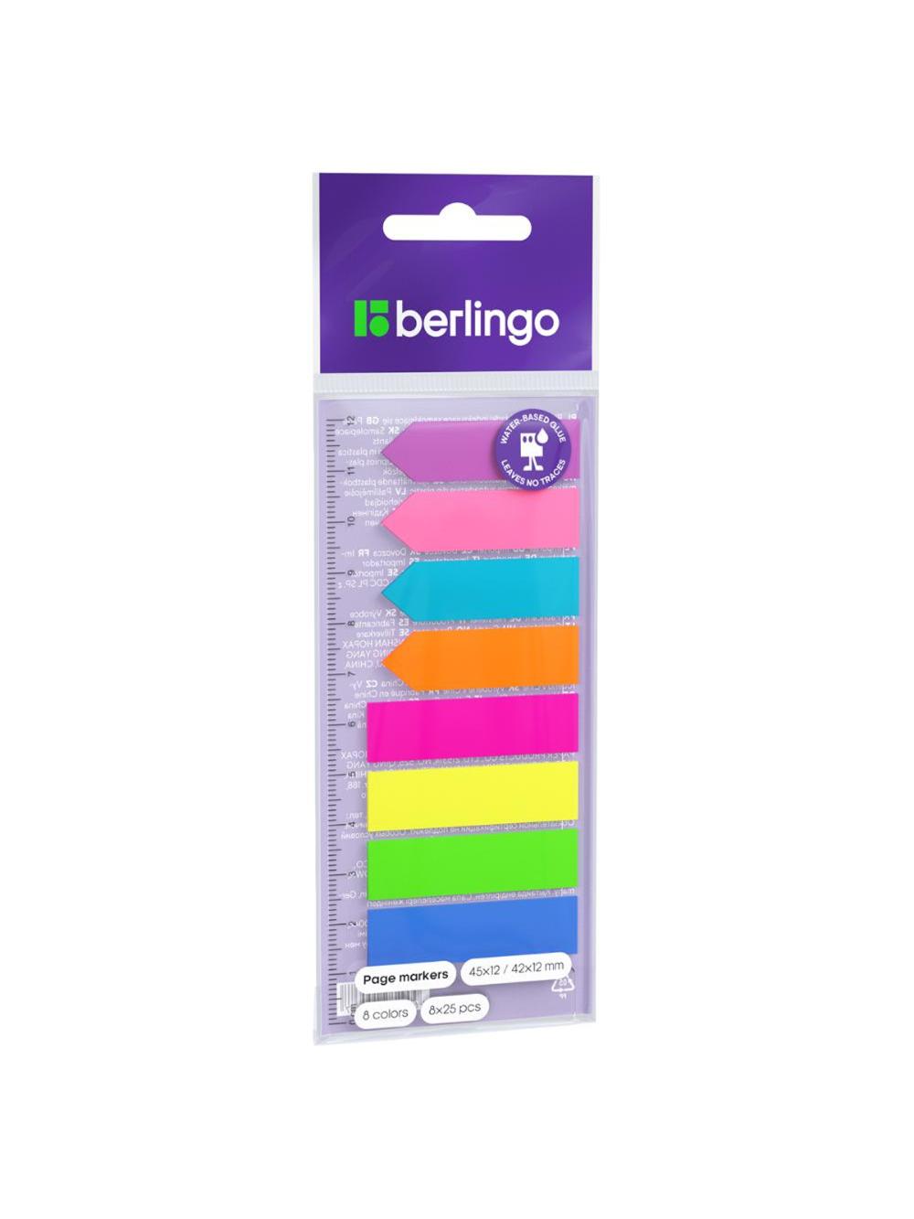 Флажки-закладки Berlingo, 45*12/42*12мм, 25л*8 неоновых цветов, с линейкой, европодвес LSz_45128 1