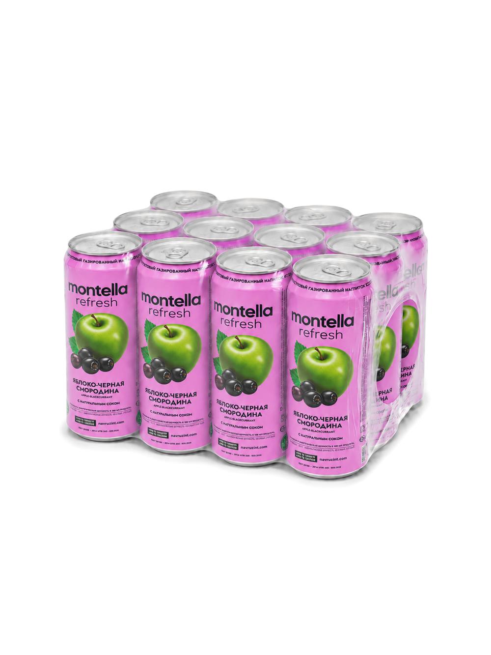 Montella Refresh Olma-Qora smorodina gazlangan ichimlik, 0.45 L, qadoqda 12 dona, narxi bir qadoq uchun ko‘rsatilgan 1