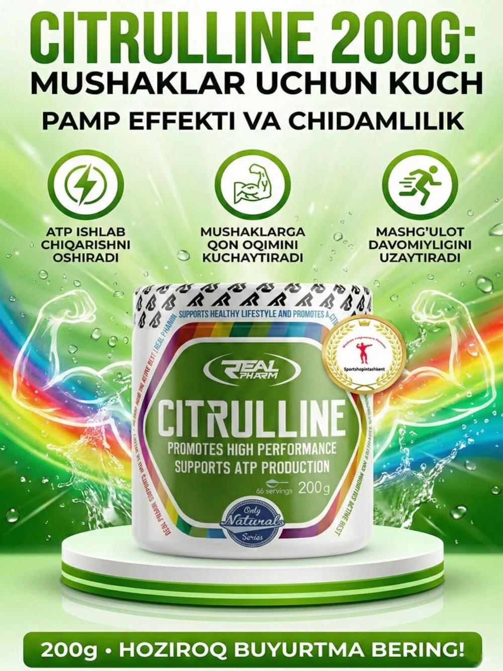 Real Pharm Citruline 200 g — chidamlilikni oshirish va mushak faoliyatini qo‘llab-quvvatlash uchun tsitrullinli oziq-ovqat qo‘shimchasi. 1