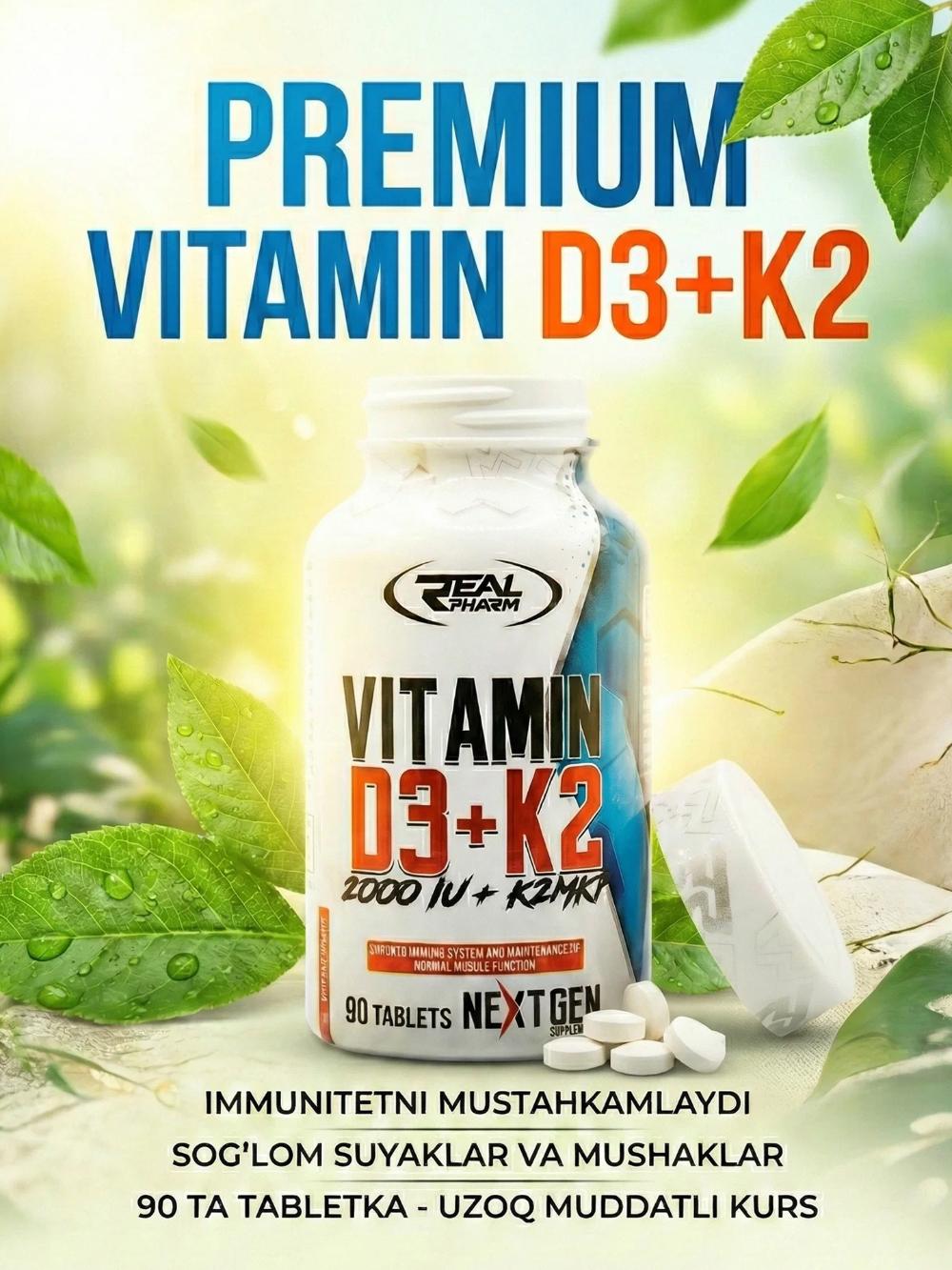 REAL PHARM VITAMIN D3 + K2 90 TABS — комплекс витаминов для укрепления костей и поддержки сердца. 5122546066 1