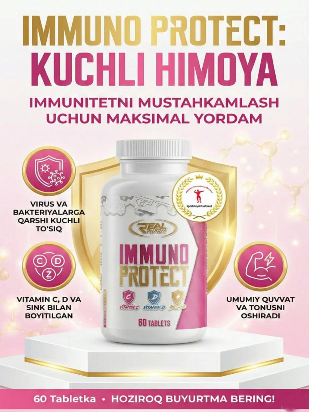 Real Pharm Immuno Protect 60 tabletka – immunitet uchun kompleks, vitamin va minerallar, organizm himoyasini qo‘llab-quvvatlash 1