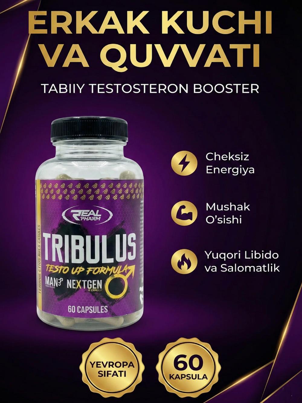 Тестостероновый бустер Real Pharm TRIBULUS, 1000мг, 60капсул 5121990288 1