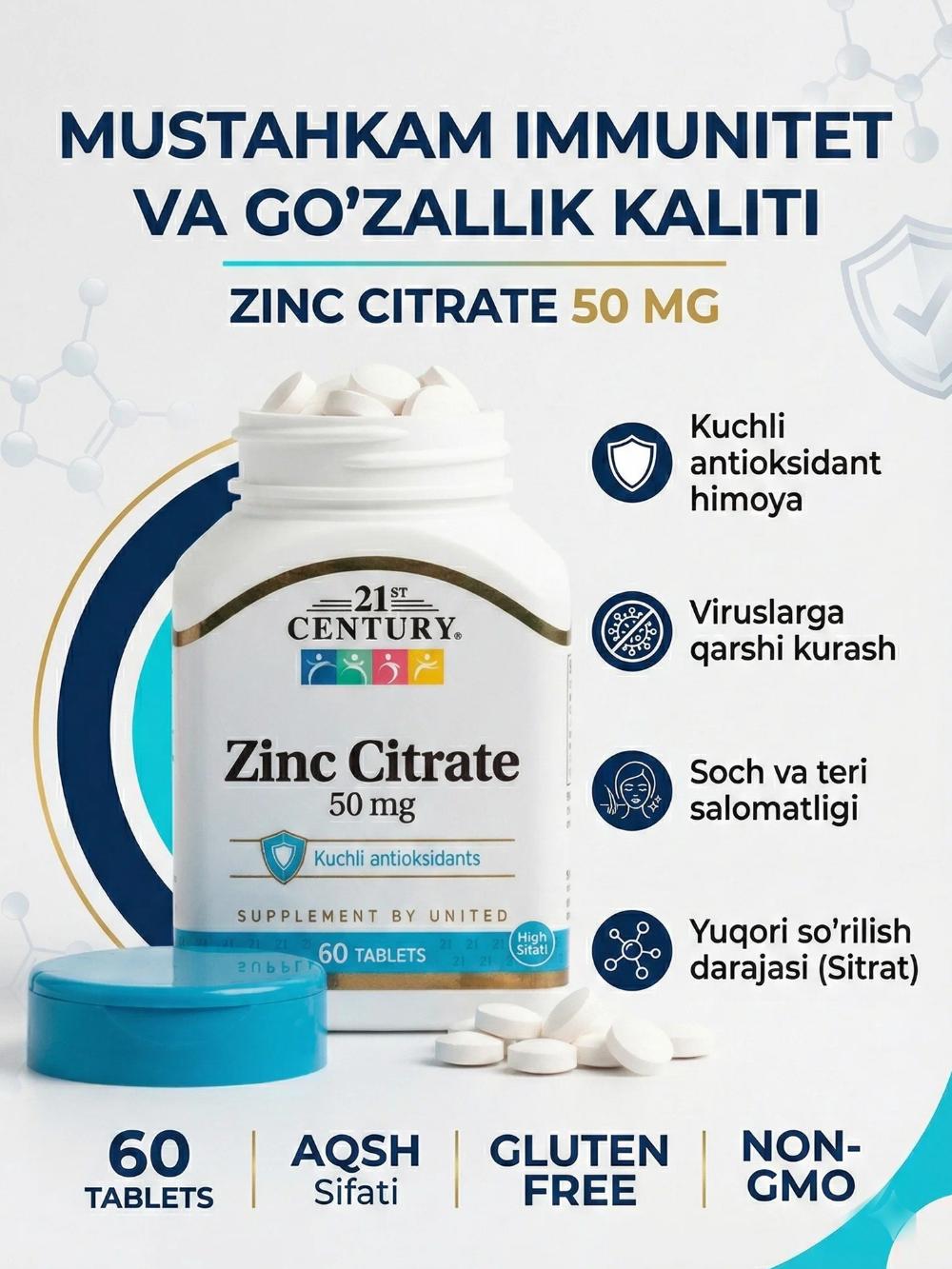 21 Century Zinc Citrate 50 mg 60 tabletka — immunitet teri soch va tirnoqlarni qo‘llab-quvvatlash uchun tsink 1