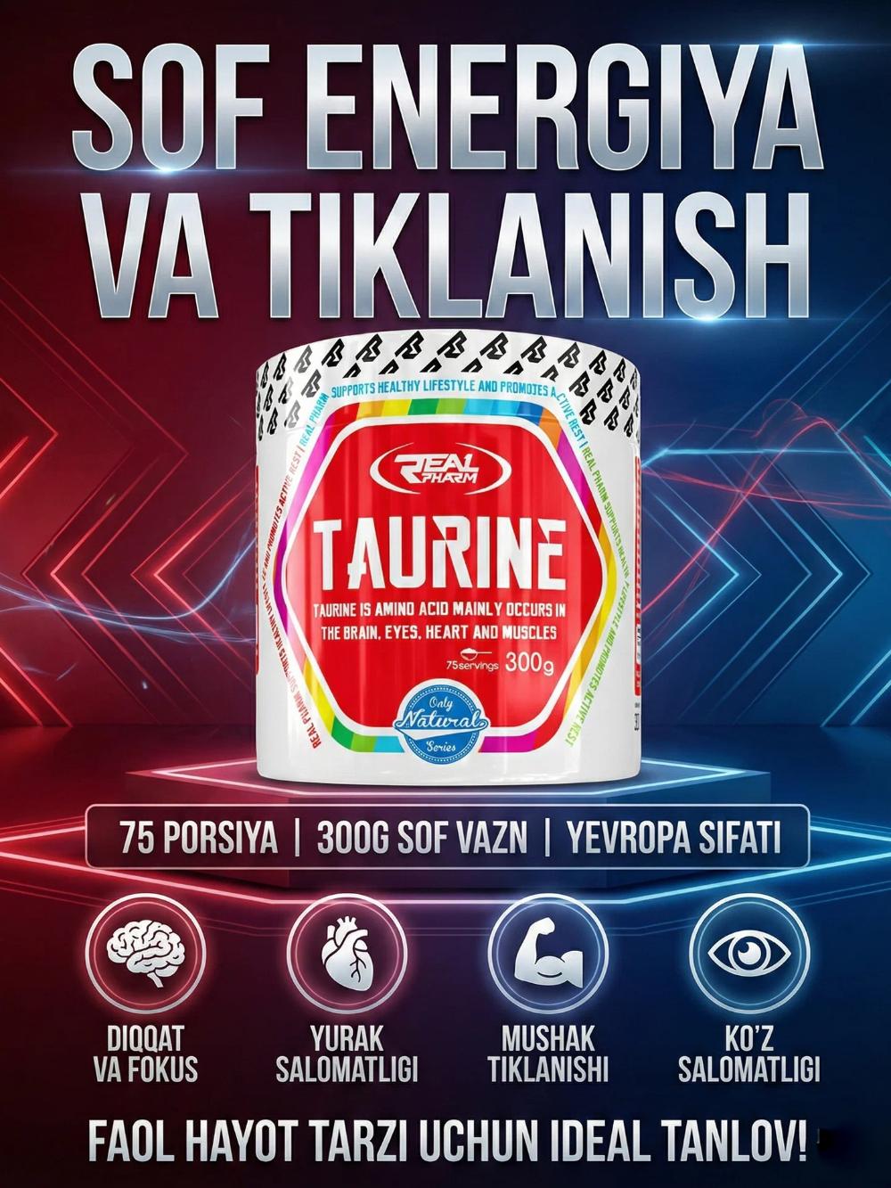 Real Pharm Taurine, 300 mg (75 porsiya), ta’msiz 1