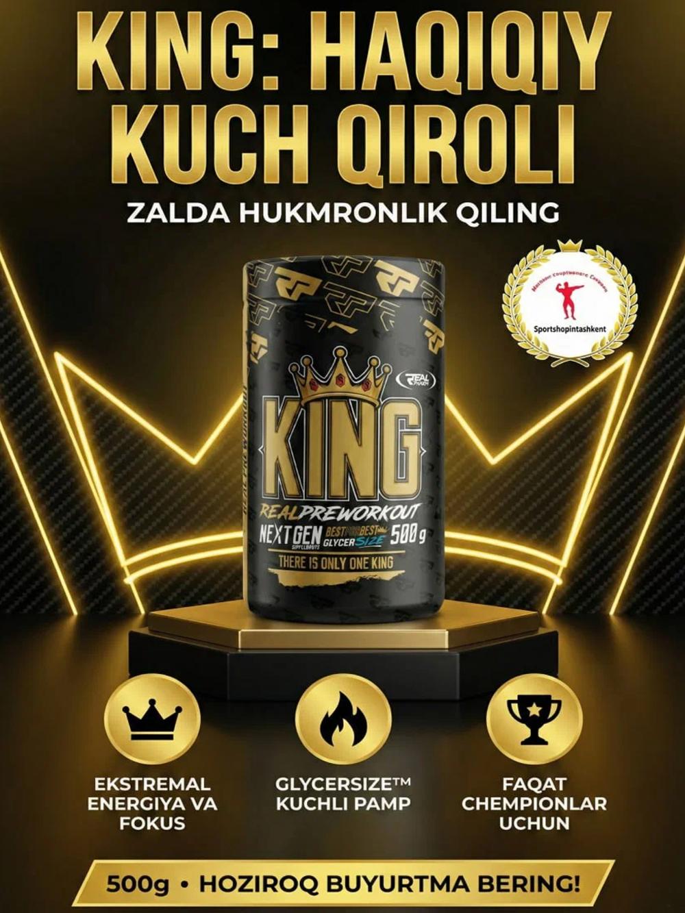 Real Pharm King Pre-Workout 500 g — mashg‘ulotlar davomida energiya, kuch va chidamlilikni oshirish uchun oldi-mashg‘ulot kompleksi. 1