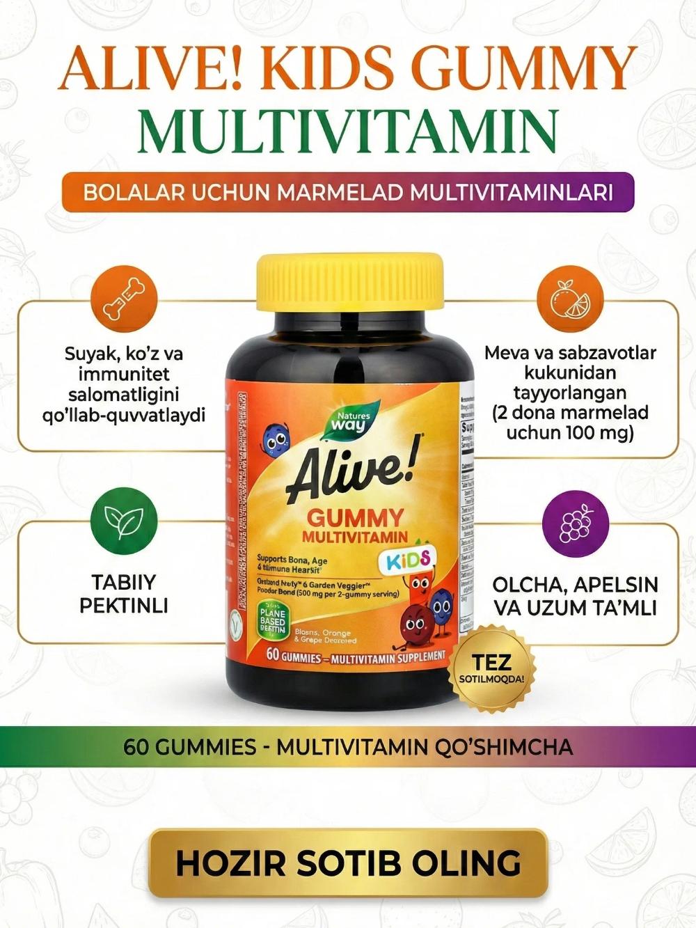 Bolalar uchun vitamin kompleksi Nature’s Way Alive Kids, chaynalmali tabletkalar, 60 dona 1