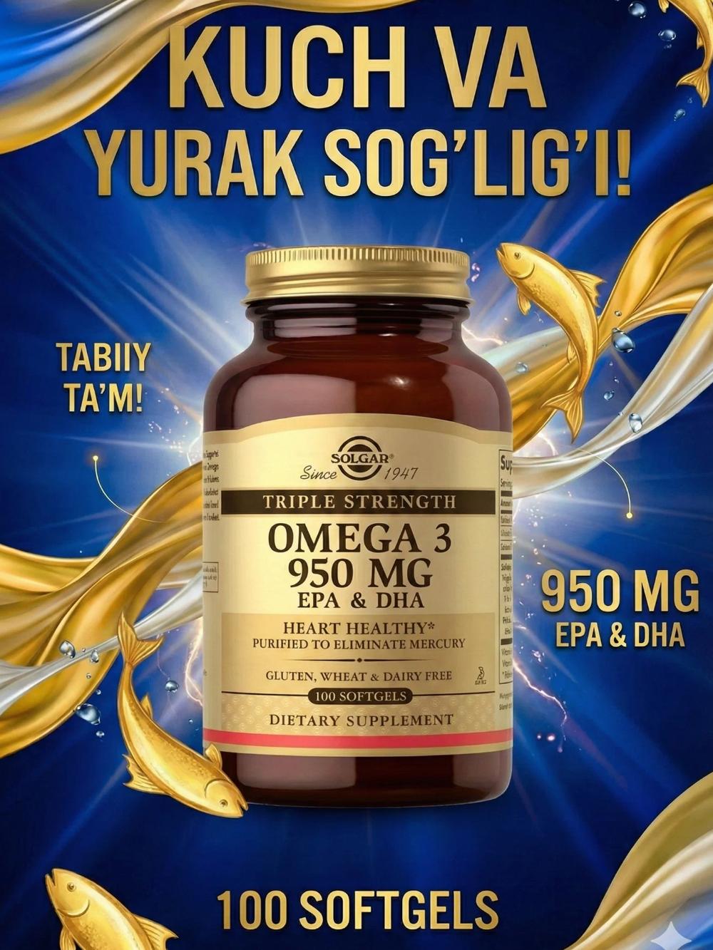 Solgar Omega-3 950 mg, 100 kapsula — yurak, miya va bo‘g‘imlar sog‘ligi uchun Omega-3 yog‘ kislotalari 1