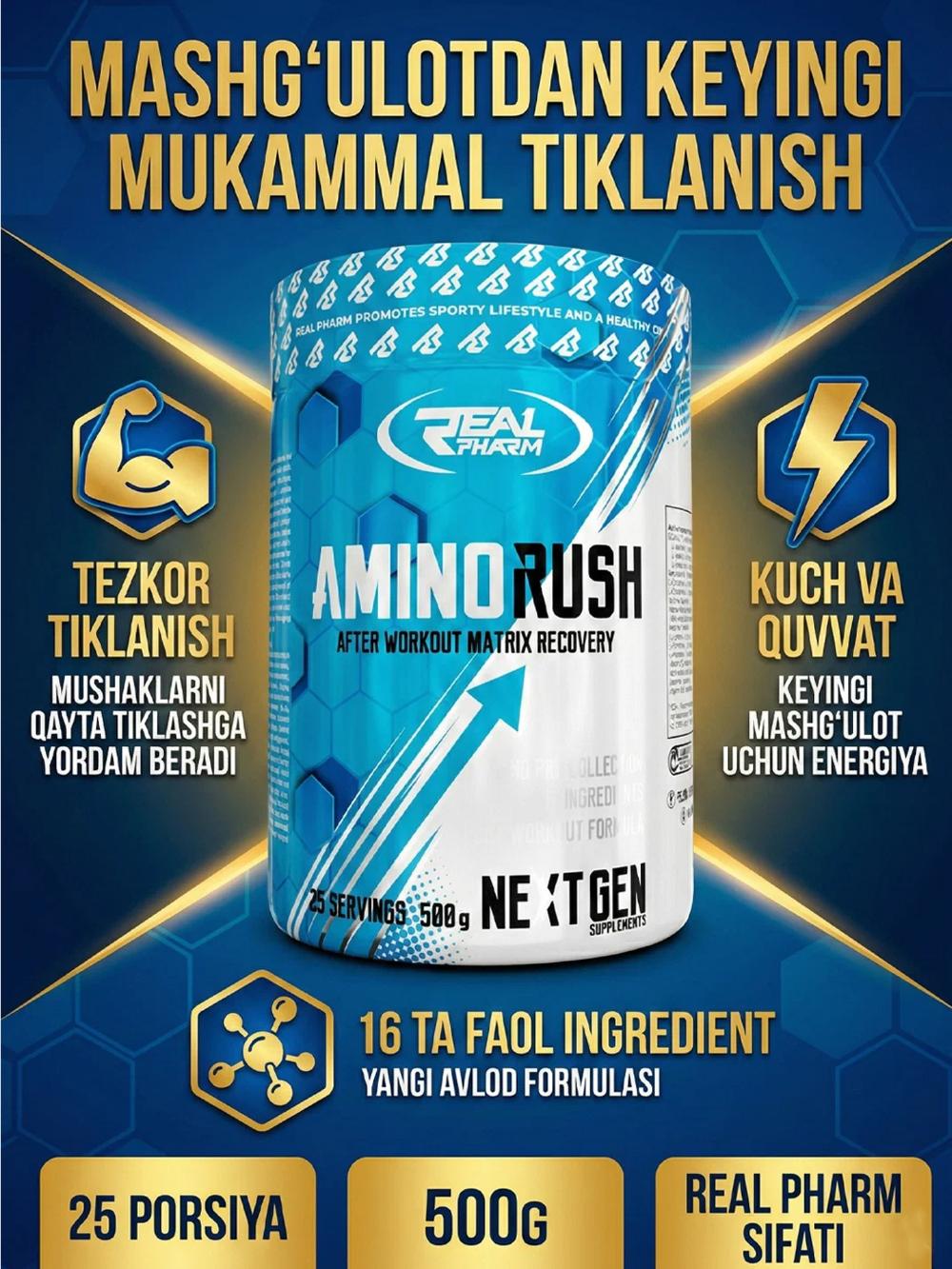 Real Pharm Amino Rush 500g 25 portsiya Mashg'ulotdan keyin tiklanish va energiya manbai limon ta'mi bilan 1