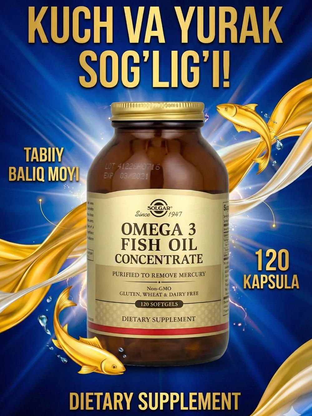 Solgar Omega-3 Concentrate, 120 kapsula — yurak, miya va bo‘g‘imlar sog‘ligini qo‘llab-quvvatlash uchun Omega-3 yog‘ kislotalari konsentrati 1