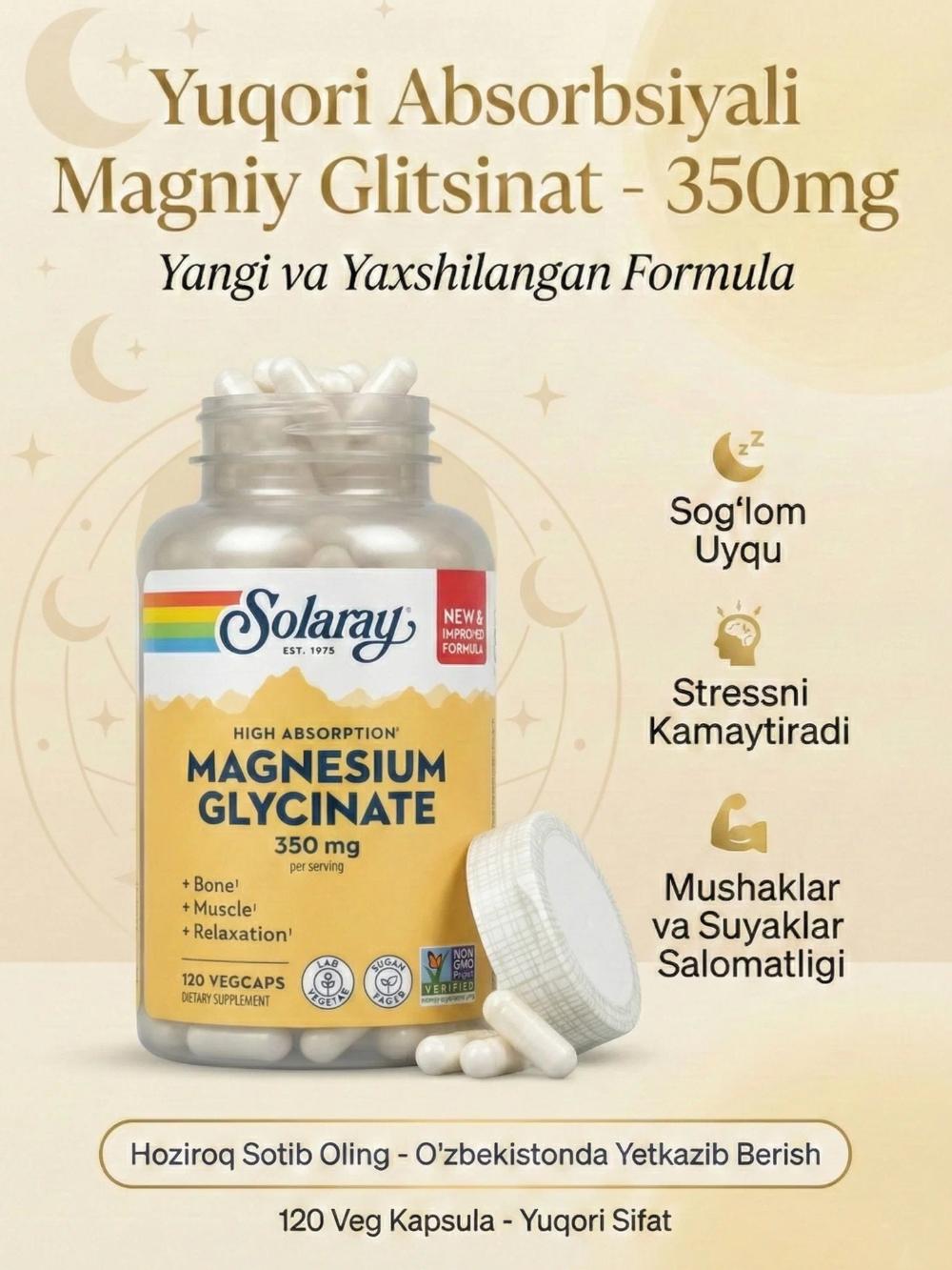 Solaray Magnesium Glycinate 350 mg 120 VegCaps — glytsinat shaklidagi magniy, 120 o‘simlik kapsulalari bilan 1