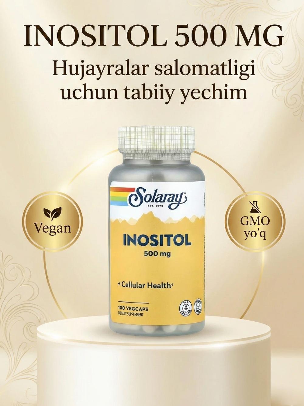 Solaray Inositol 500 мг, 100 капсул Пищевая добавка с инозитолом для поддержки нервной системы и эмоционального баланса. 5143612902 1