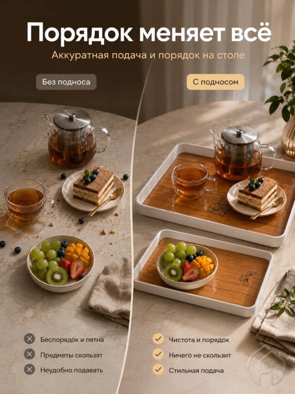Поднос сервировочный с деревянным дном, белый бортик, 35×23 см 2