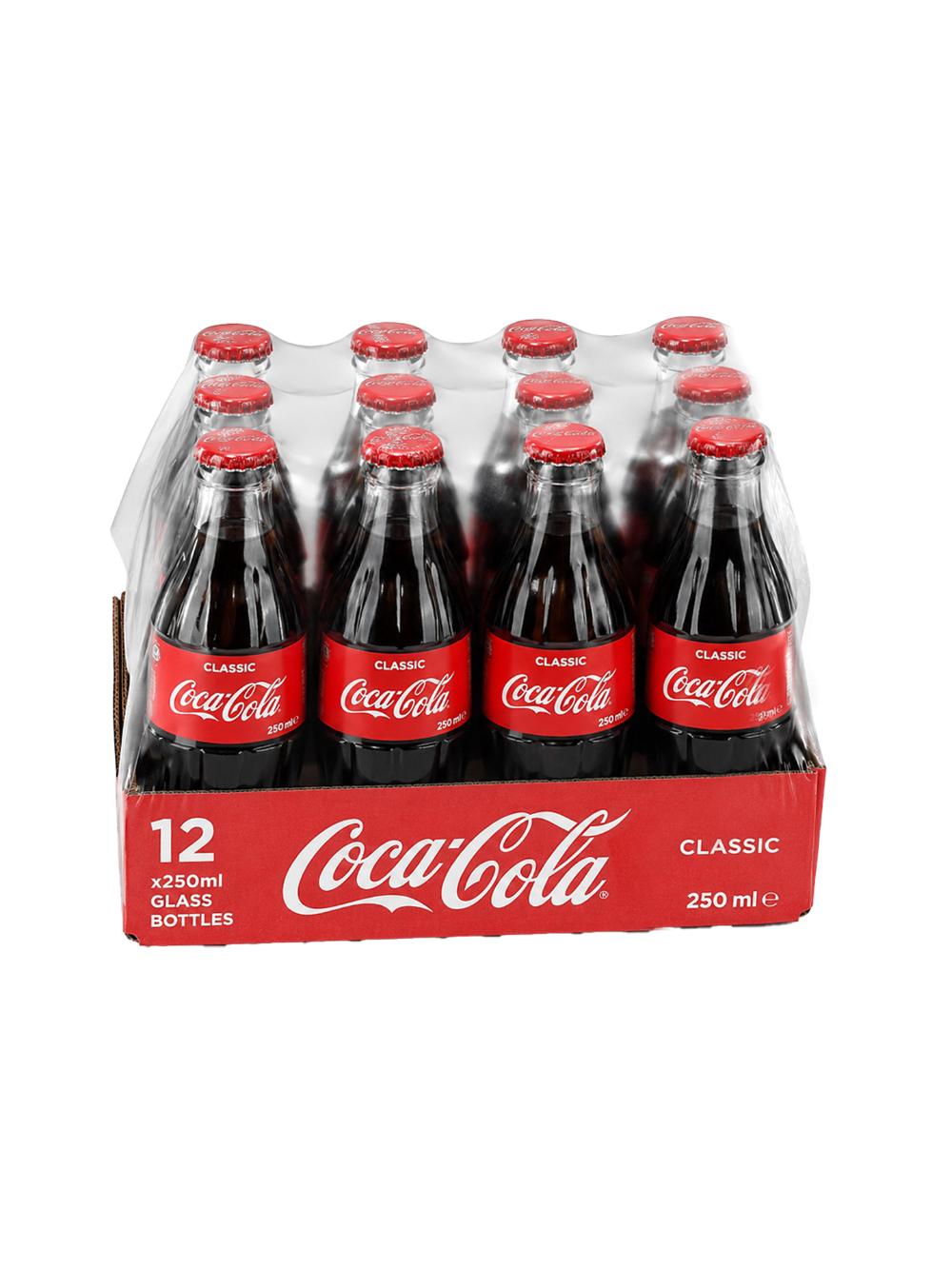 Coca-Cola gazlangan ichimlik, 250 ml shisha butilka. Qadoqda 12 dona. Narx 1 blok uchun ko‘rsatilgan. 1