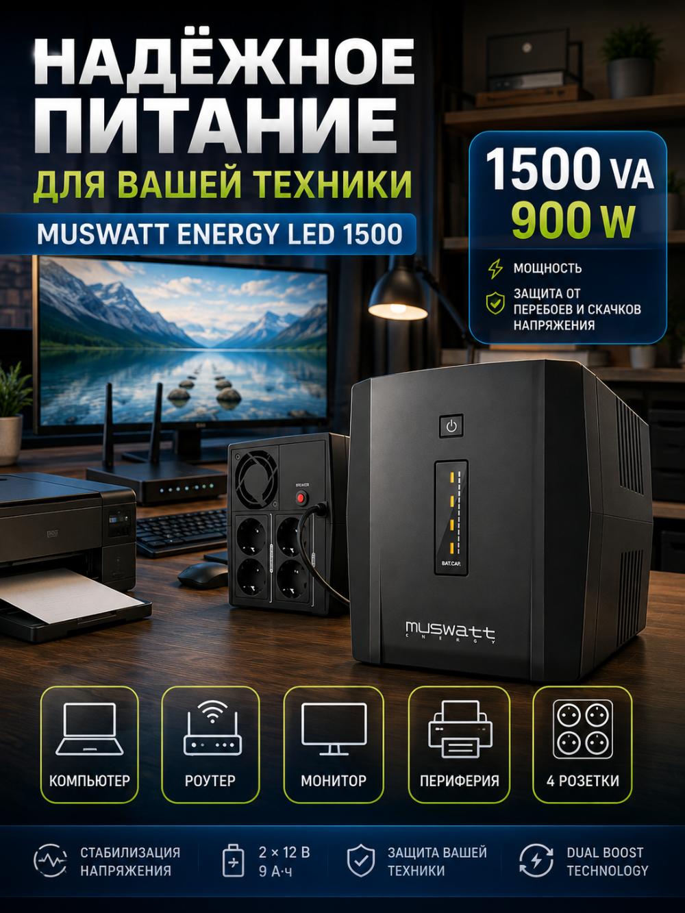 ИБП MUSWATT Energy LED 1500, 1500 VA / 900 Вт, линейно-интерактивный, 4 розетки, стабилизация напряжения 2
