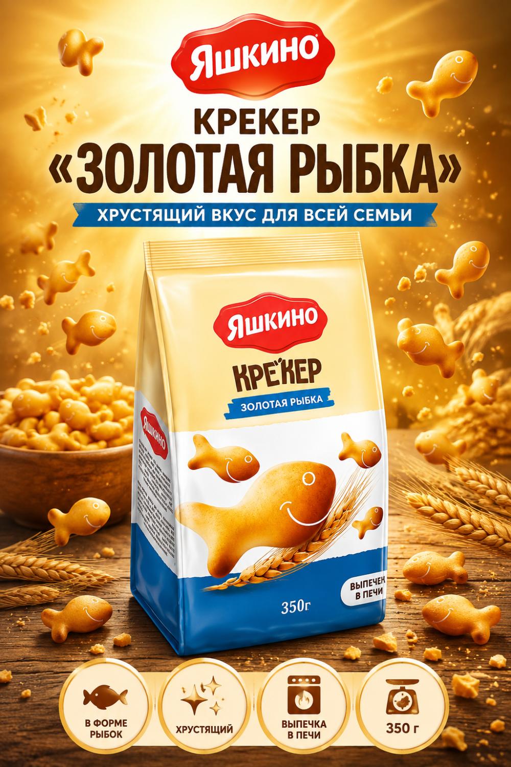 Yashkino Goldfish Crackers 350g - Qarsildoq baliq shaklidagi pechenelar. 10 dona. 2