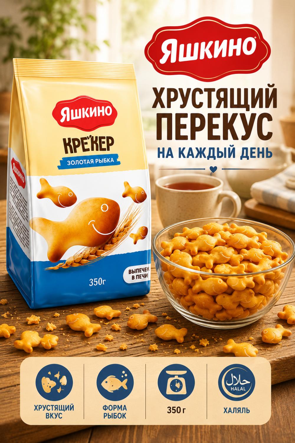 Yashkino Goldfish Crackers 350g - Qarsildoq baliq shaklidagi pechenelar. 10 dona. 1